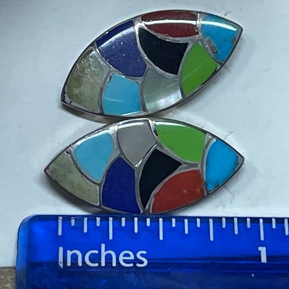 ZUNI NATIVE AMERICAN Handmade Beautiful Gemstone Inlay Elliptical Shape Earrings - Picture 7 of 7